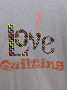 Quilt Themed T-Shirt - I Love Quilting -  Blue Crew Neck #6008