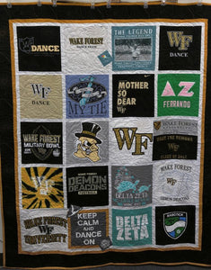 Jessie’s Cheering t-shirt themed memory quilt