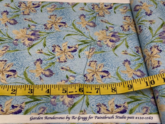 Garden Rendezvous–Purple and Yellow Iris on Blue 19